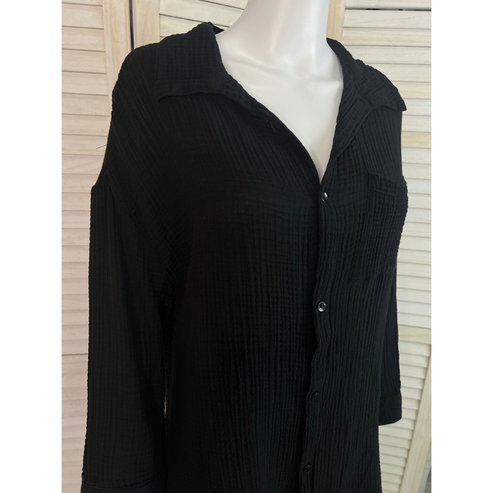 Kona Sol Top Cover Up Swim Black Gauze Cotton Button Down Beach Resort Medium - Picture 11 of 11